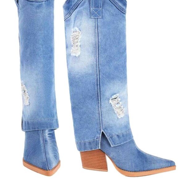 Cowboy Boots New Hole Denim Pointed Toe Knee-High Boots Women Vintage Shaft Boot - Picture 7 of 7